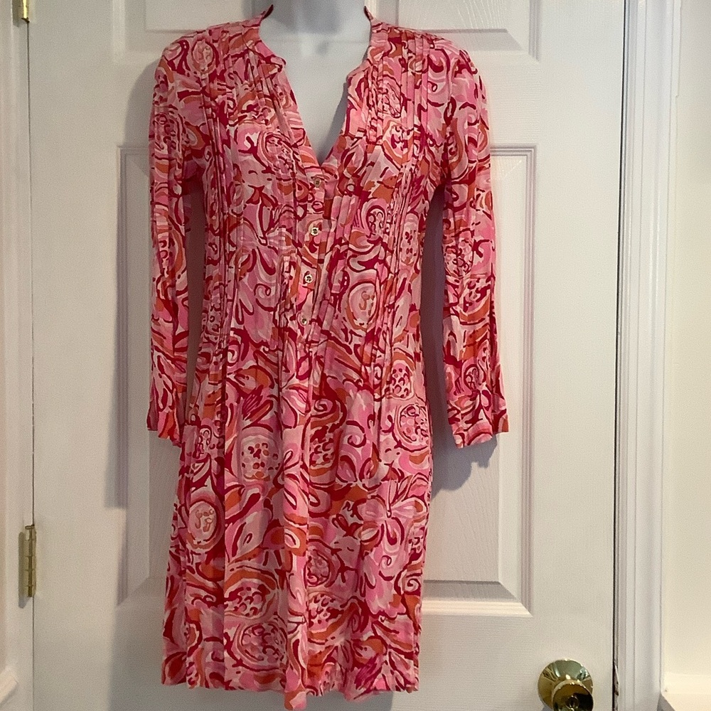 LILLY PULITZER Sarasota Pintucked Mango Salsa Palm Beach Summer Tunic Dress XS